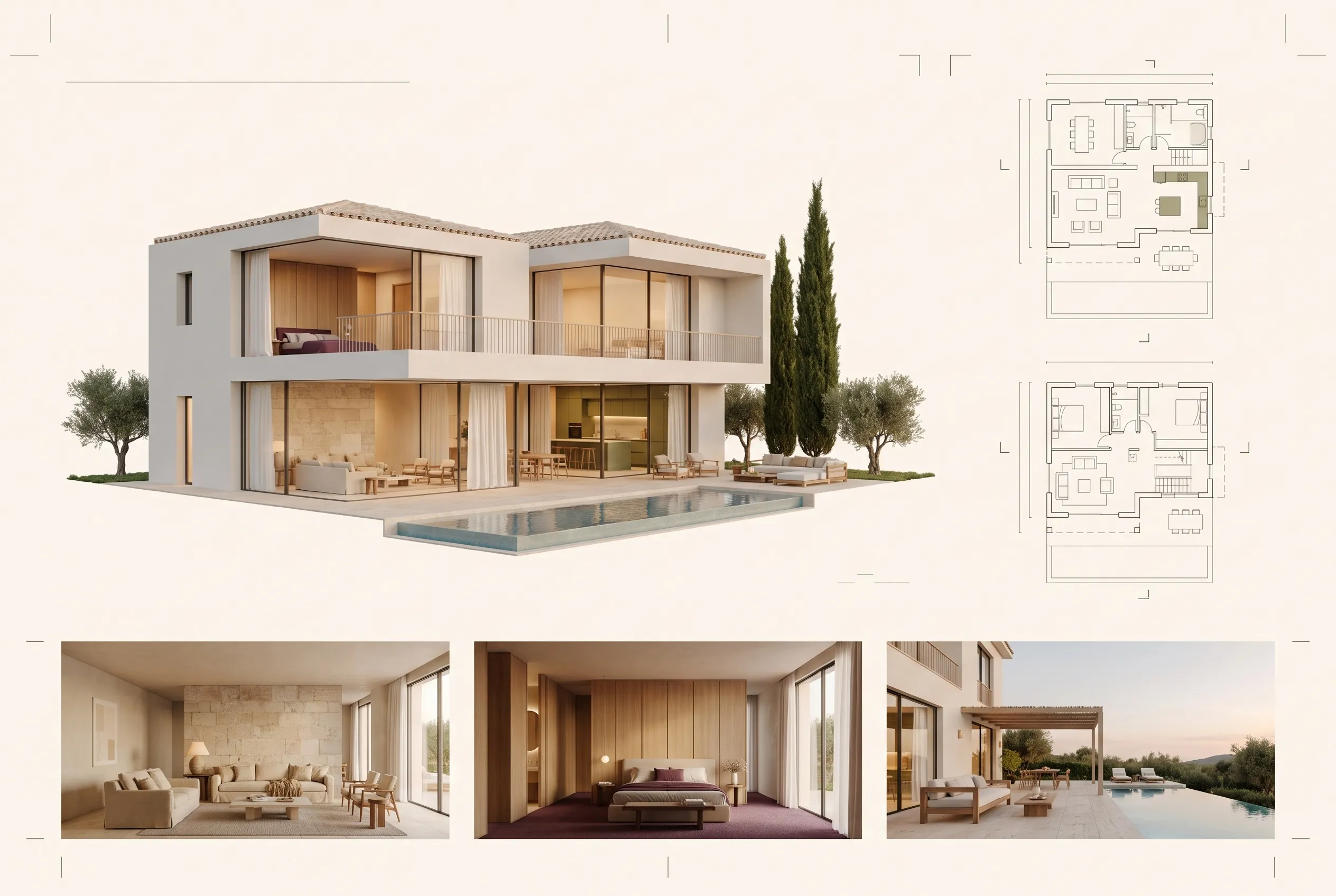 Planche d'architecte de la villa : rendu 3D en coupe, plans 2D des deux niveaux et vignettes des pièces