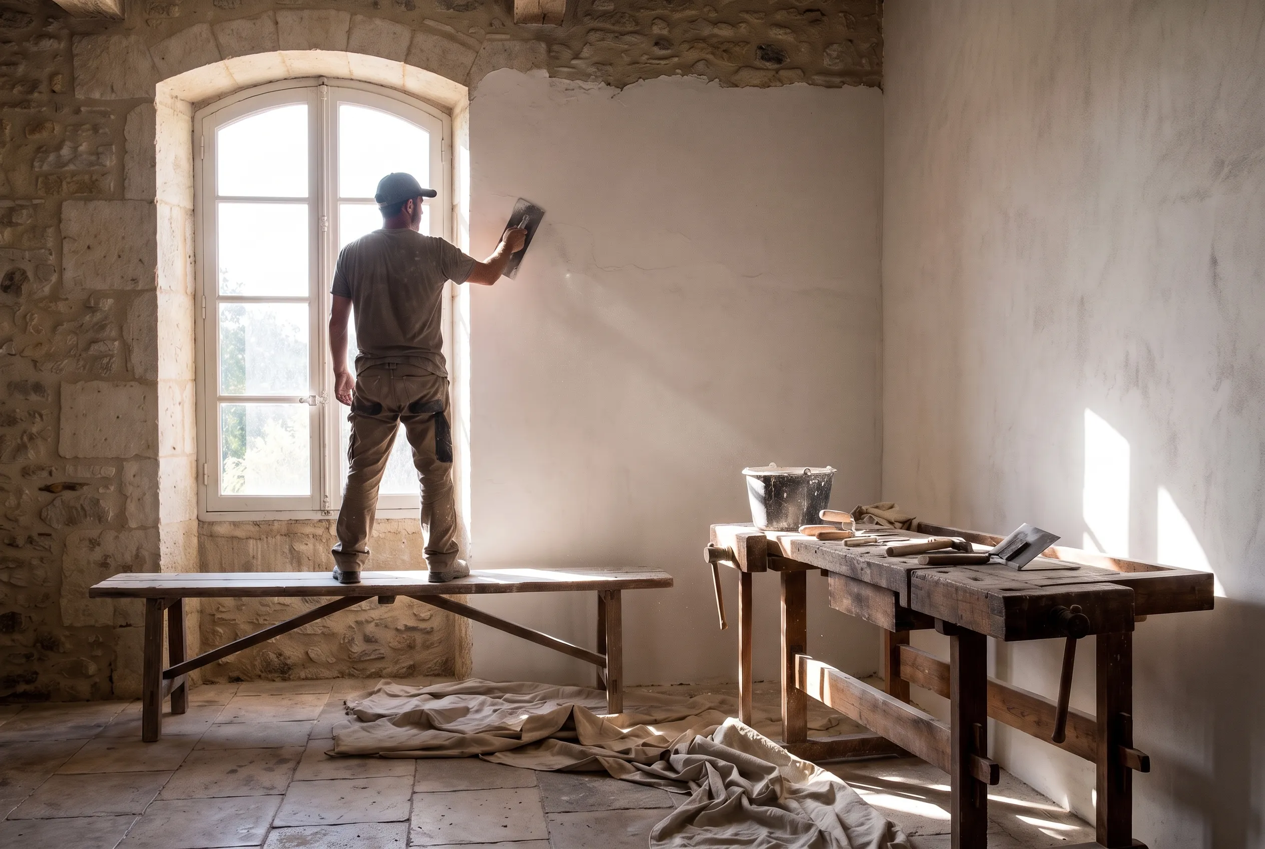 Artisan appliquant un enduit à la chaux sur un chantier