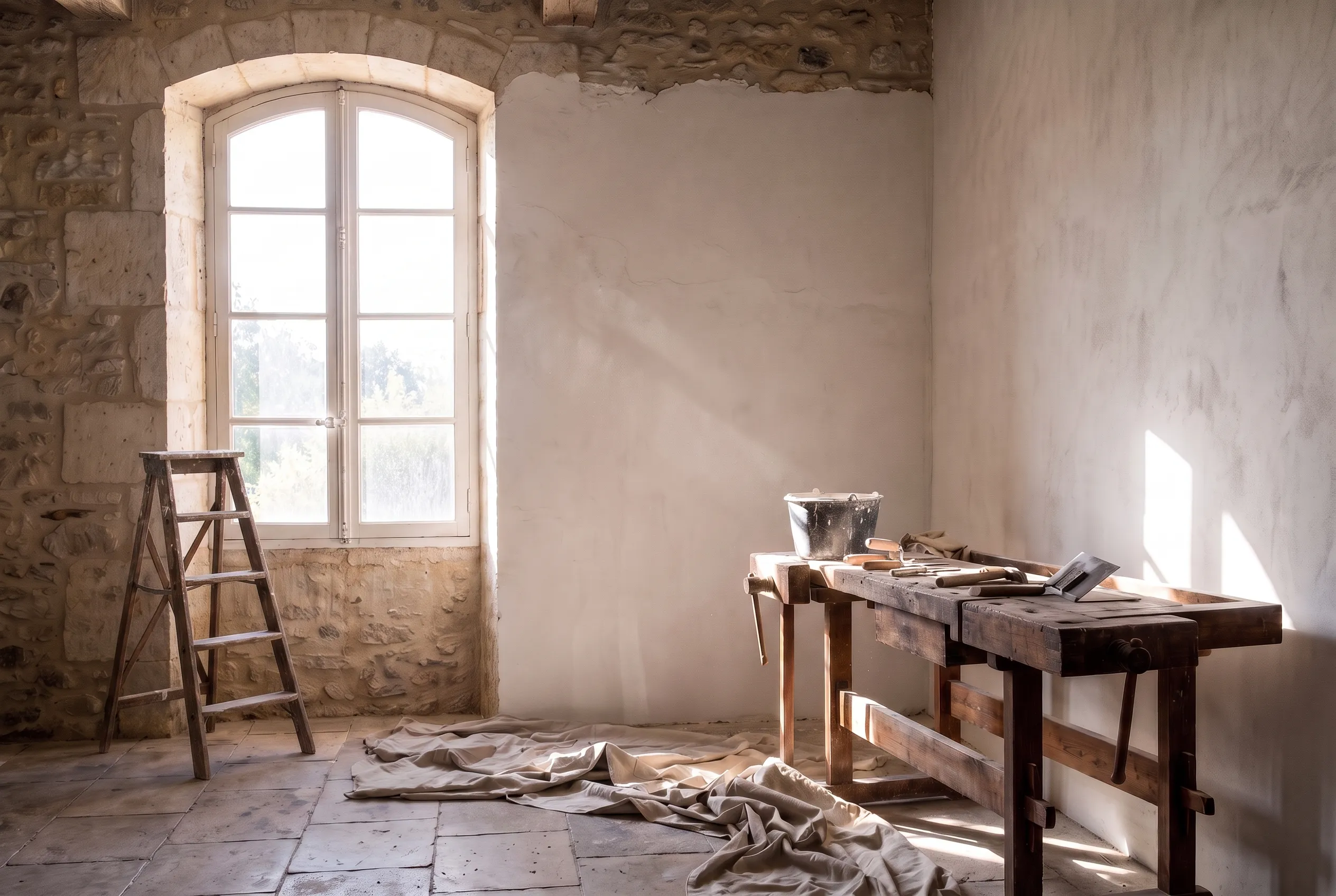 Chantier calme dans la villa : mur d'enduit à la chaux en cours, établi d'outils et escabeau dans la lumière