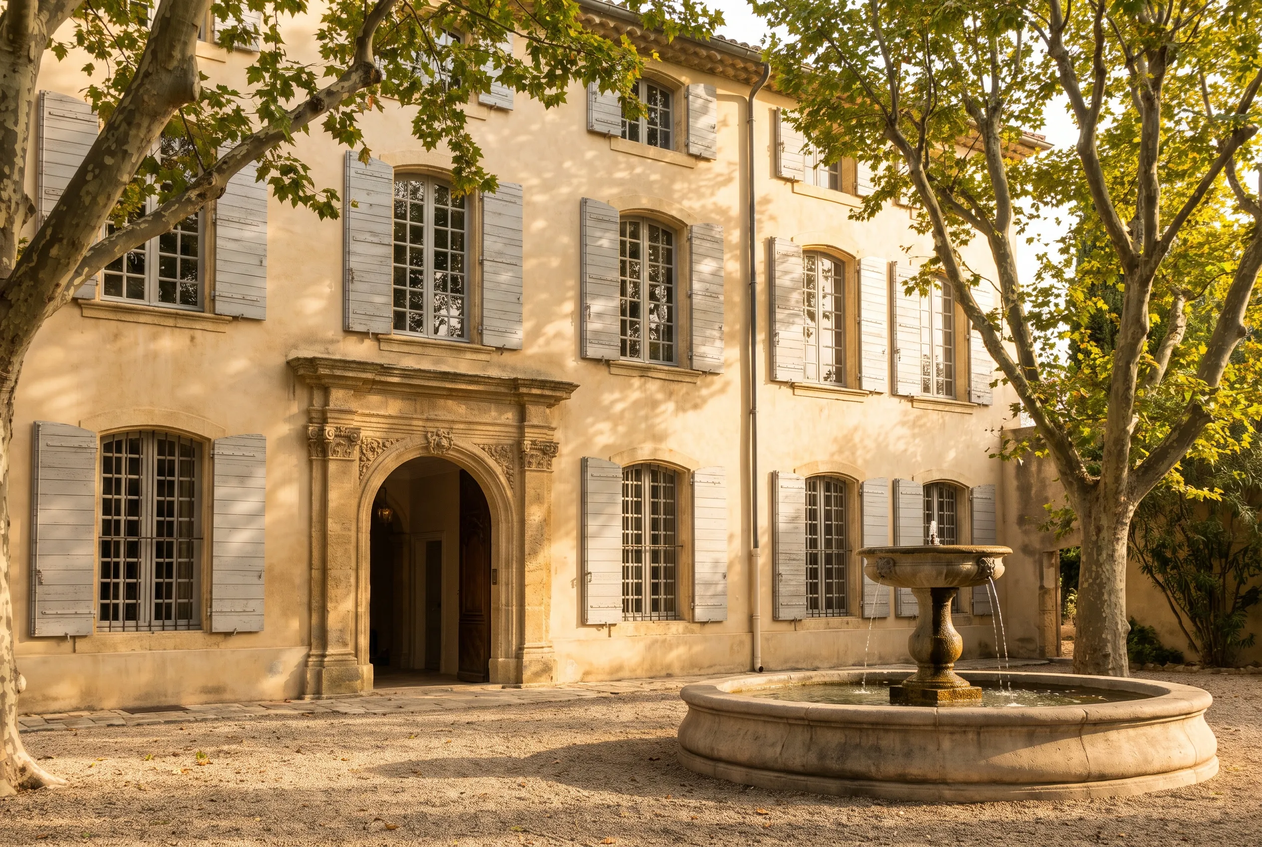 Façade d'une bastide aixoise aux volets gris sous les platanes