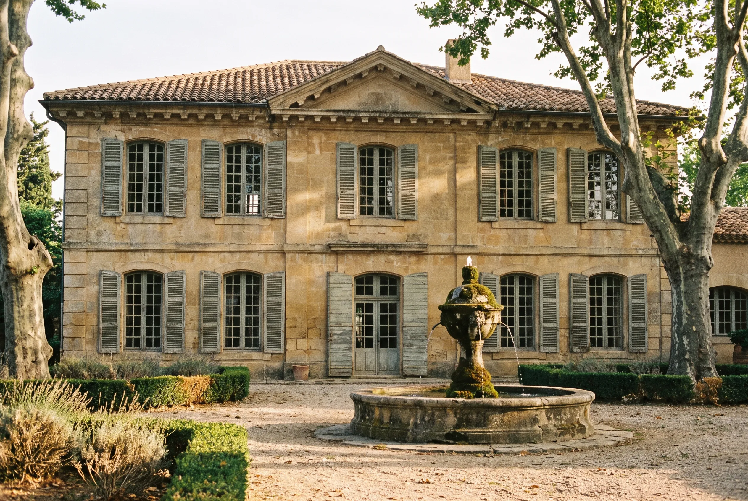 Façade d'une bastide aixoise aux volets gris sous les platanes