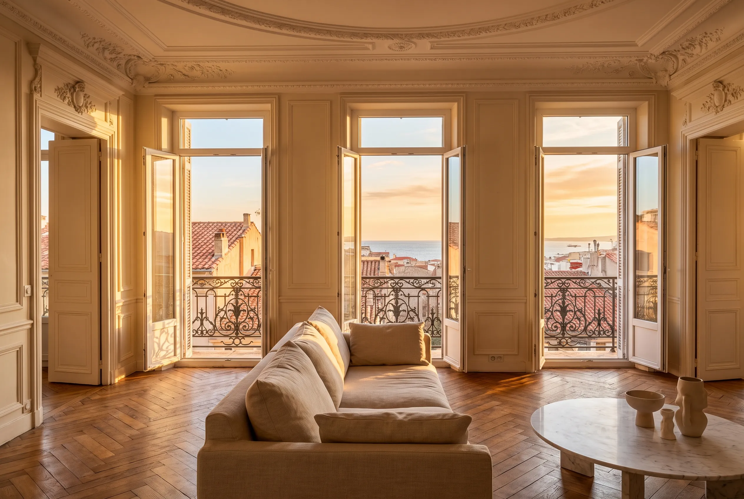 Salon haussmannien rénové à Marseille, moulures et parquet en point de Hongrie, vue sur la mer